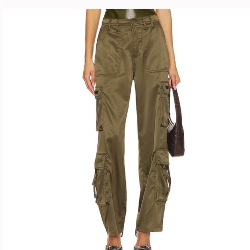Blank NYC Satin Wide Leg Cargo Pants in Olive
